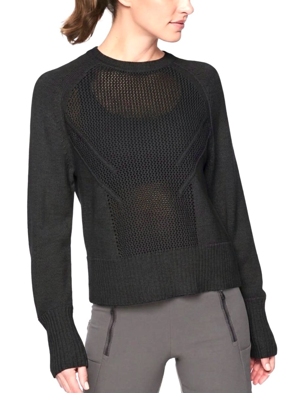 Athleta Cortina Crewneck Sweater Black Merino Extra Fine Wool Blend Sz S